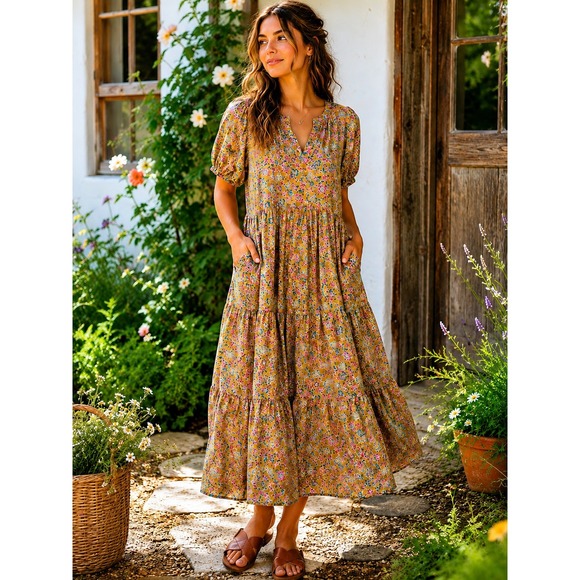 Pinch Dresses & Skirts - PINCH Floral Paisley Cotton Tiered Midi Dress Puff Sleeve Cottagecore Boho  M